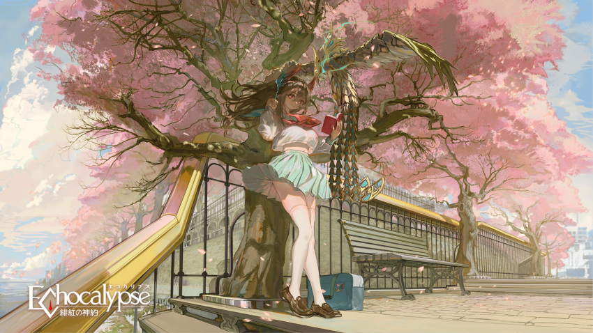 1girl bangs bench bird blue_bag blue_skirt book breasts brown_footwear brown_hair cherry_blossoms closed_mouth cloud cloudy_sky commentary_request copyright_name crop_top day echocalypse fence hair_between_eyes highres holding holding_book large_breasts loafers long_hair long_sleeves looking_at_viewer neckerchief official_art open_book outdoors petals phoenix puffy_long_sleeves puffy_sleeves red_neckerchief second-party_source shirt shiyu_(echocalypse) shoes sidelocks skirt sky smile solo stairs tamomoko thighhighs tree white_shirt white_thighhighs wide_shot wing_hair_ornament