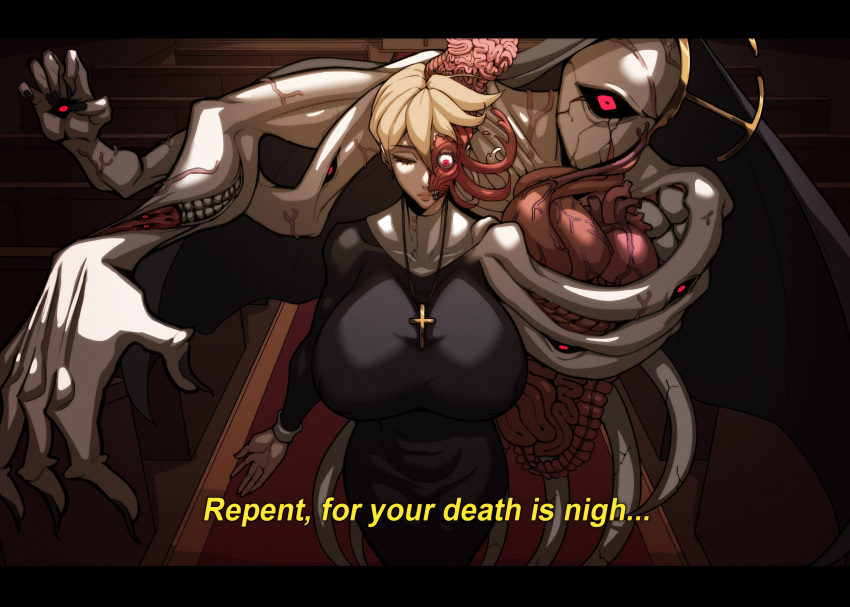 1girl absurdres alecto_0 beads blonde_hair breasts closed_mouth covered_nipples cowboy_shot cross double_(skullgirls) eldritch_abomination english_commentary english_text highres horror_(theme) huge_breasts lips nun prayer_beads red_eyes short_hair skull skullgirls subtitled transformation