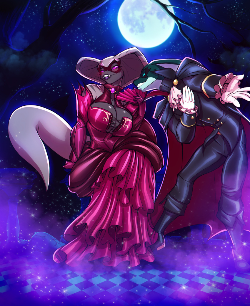 anthro big_breasts boots breasts cleavage clothed clothing cobra dead_tree dress fangs footwear full_moon gloves handwear hi_res lana_grayscale_(pancakesman) mask moon night pink_eyes plant reptile scalie snake starts suit toughset tree