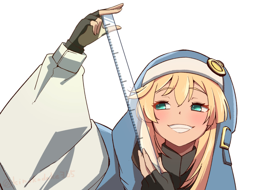 1boy :d bangs black_gloves blonde_hair blue_jacket bridget_(guilty_gear) fingerless_gloves gloves green_eyes grin guilty_gear guilty_gear_strive highres jacket kinokodake long_sleeves measuring_stick medium_hair otoko_no_ko smile solo teeth transparent_background