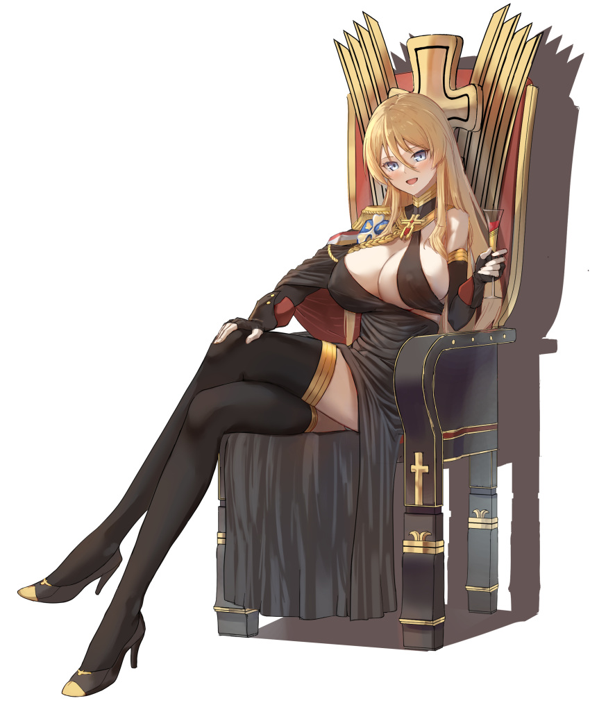 1girl :d absurdres aiguillette azur_lane bangs bismarck_(azur_lane) bismarck_(beacon_of_the_iron_blood)_(azur_lane) bismarck_(coat_of_arms) black_cape black_dress black_footwear black_gloves black_thighhighs blonde_hair blue_eyes blush breasts cape champagne_flute cleavage coat_of_arms commentary cross crossed_legs cup dress drinking_glass elbow_gloves epaulettes evening_gown fingerless_gloves full_body gloves hair_between_eyes high_heels highres holding holding_cup iron_blood_(emblem) large_breasts lom_(lom_lom_8) long_hair looking_at_viewer medal medallion official_alternate_costume open_mouth shadow shoulder_cape sidelocks simple_background single_bare_shoulder single_epaulette sitting skindentation smile solo thighhighs white_background