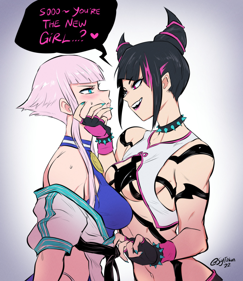 2girls :t aqua_eyes aqua_nails assertive_female bangs belt black_belt black_hair blue_leotard blunt_bangs blush bracelet breast_press breasts collar commentary_request dougi english_text fang fingerless_gloves gloves grabbing_another's_chin hair_horns han_juri hand_on_another's_chin highres jewelry leotard manon_(street_fighter) martial_arts_belt medium_breasts multicolored_hair multiple_girls nose_blush off-shoulder_jacket off_shoulder pink_eyes pink_hair pink_lips revealing_clothes short_hair short_hair_with_long_locks speech_bubble spiked_bracelet spiked_collar spikes streaked_hair street_fighter street_fighter_6 sytokun underboob you_gonna_get_raped yuri