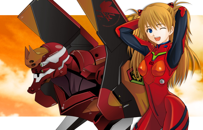 1girl ;d absurdres arms_behind_back bangs blue_eyes bodysuit breasts commentary_request eva_02 evangelion_(mecha) extra_eyes green_eyes highres interface_headset long_hair looking_at_viewer mecha neon_genesis_evangelion nerv one_eye_closed orange_hair pilot_suit plugsuit red_bodysuit robot science_fiction small_breasts smile solo souryuu_asuka_langley takeda_eka two_side_up