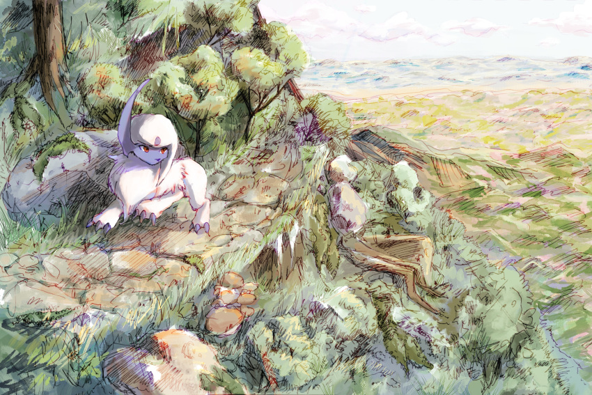 absol animal_focus blue_sky claws cloud commentary_request day full_body fur_collar grass highres lea_(mx5mmm) leg_up looking_to_the_side moss mountain mushroom no_humans outdoors path pokemon pokemon_(creature) red_eyes road rock scenery short_hair sidelocks sky solo standing tree white_hair