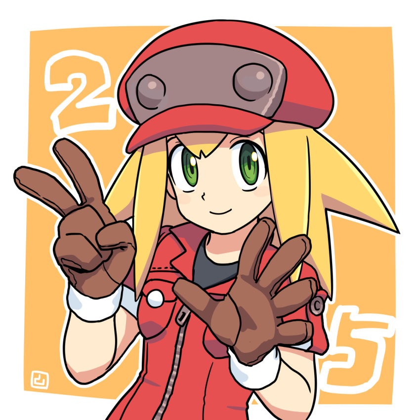 1girl bangs black_shirt blonde_hair brown_gloves cabbie_hat closed_mouth commentary_request finger_counting gloves green_eyes hair_between_eyes hat highres jacket mega_man_(series) mega_man_legends muu_(mumumer) orange_background outline red_headwear red_jacket roll_caskett_(mega_man) shirt short_sleeves smile solo two-tone_background upper_body v white_background white_outline