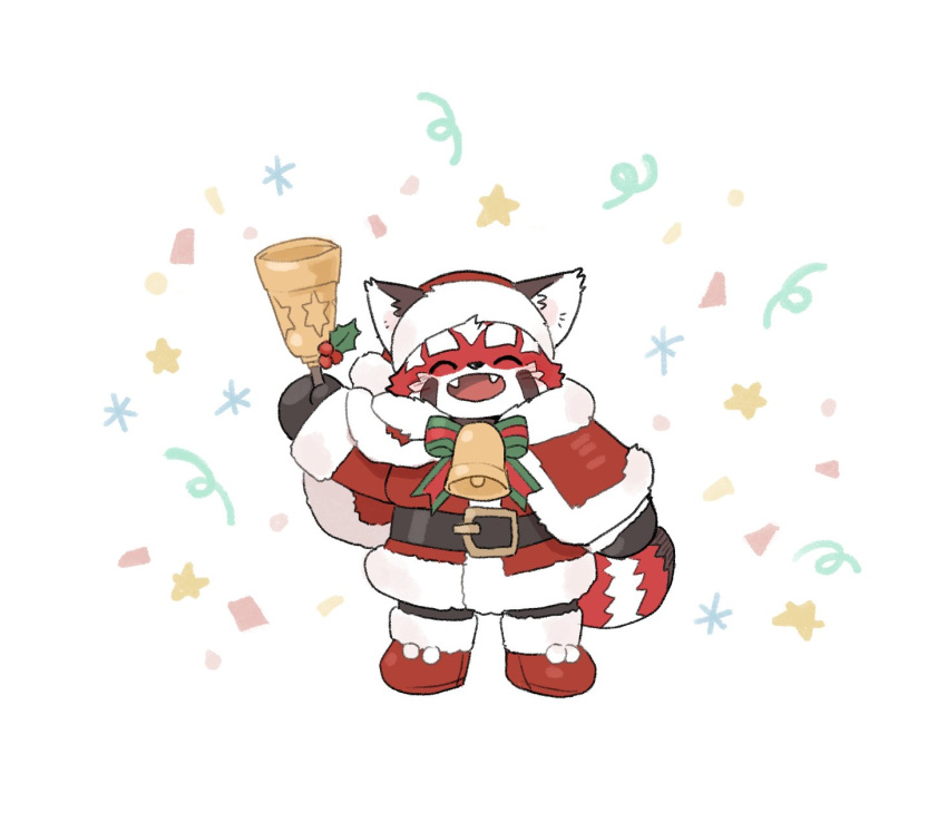 2022 ailurid anthro biped black_nose chibi christmas christmas_clothing christmas_headwear clothing cute_fangs eyes_closed hat headgear headwear hi_res holidays kemono lifewonders mammal red_body red_panda santa_hat solo syukapong tokyo_afterschool_summoners video_games zhurong_(tas)