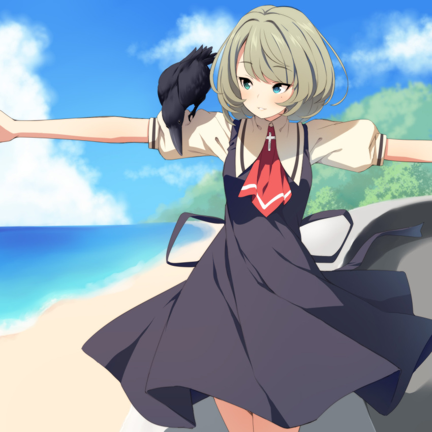 1girl animal animal_on_arm bird black_dress blue_eyes blue_sky blush cloud commentary_request day dress green_eyes green_hair heterochromia highres horizon idolmaster idolmaster_cinderella_girls mole mole_under_eye ocean outdoors outstretched_arms parted_lips puffy_short_sleeves puffy_sleeves school_uniform shirt short_sleeves sky sleeveless sleeveless_dress solo spread_arms takagaki_kaede uccow water white_shirt