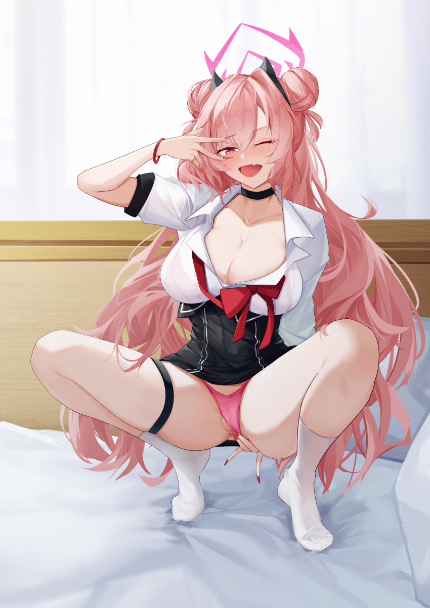 1girl absurdres bangs black_choker blue_archive blush breasts choker cleavage collarbone double_bun fang fingernails full_body hair_bun halo hand_up highres jewelry joker0744g kirara_(blue_archive) large_breasts long_hair looking_at_viewer open_mouth panties pink_eyes pink_hair pink_panties red_nails ring sharp_fingernails shirt short_sleeves skin_fang smile socks solo squatting thigh_strap thighs thong underwear white_shirt white_socks