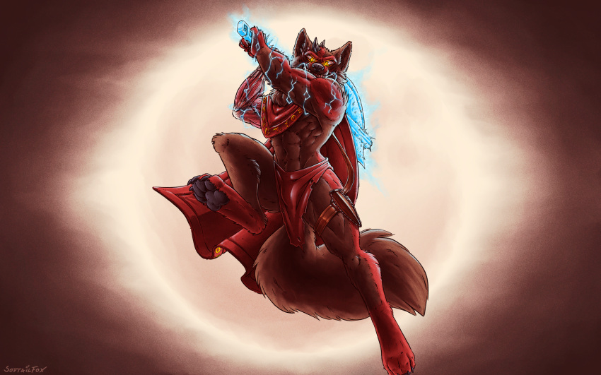 action_pose action_scene anatomy bottomwear brown_body brown_fur canid canine canis citlaleztli cloak clothing electricity fluffy fluffy_tail fully_shaded fur glowing glowing_eyes hi_res horn horned_humanoid humanoid ice_axe ice_blade lightning loincloth male mammal mane muscular muscular_male painted_fur pawpads paws pose simple_background softailfox swinging wolf yellow_eyes