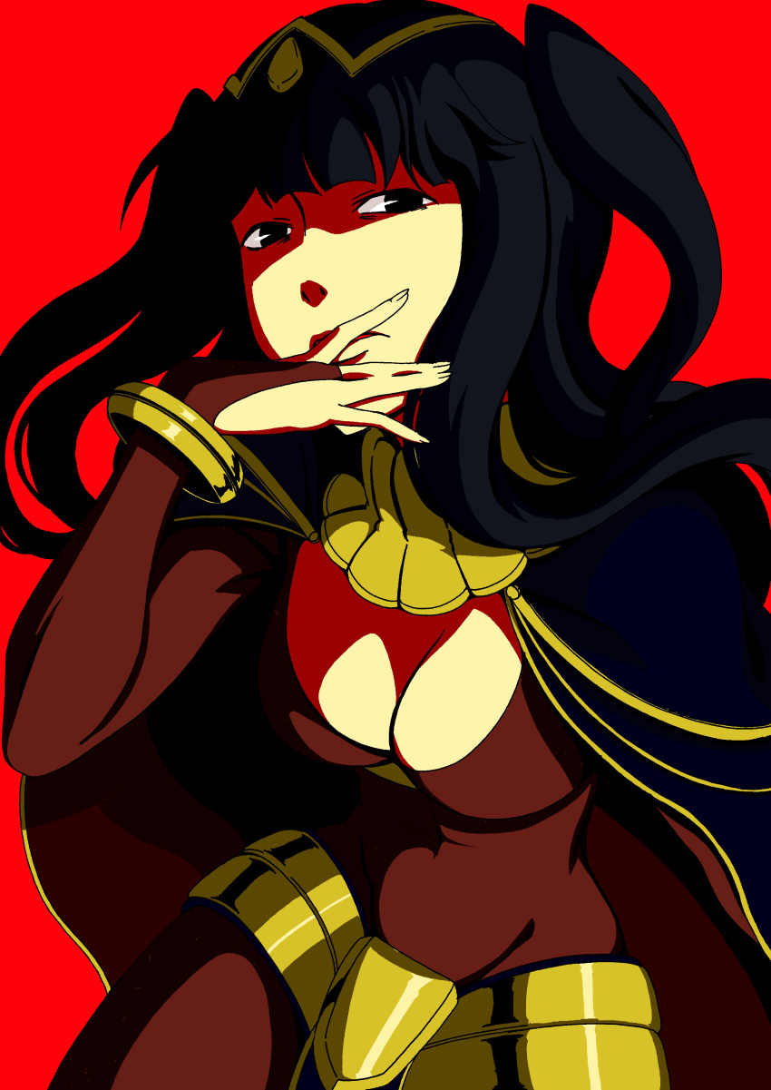 1girl absurdres aduti_momoyama bangs black_eyes black_hair blue_cape bodystocking bracelet breasts bridal_gauntlets cape cleavage fingernails fire_emblem fire_emblem_awakening hand_up highres jewelry loincloth long_hair looking_at_viewer medium_breasts multicolored_cape multicolored_clothes open_mouth red_background red_cape simple_background solo tharja_(fire_emblem) tiara two_side_up