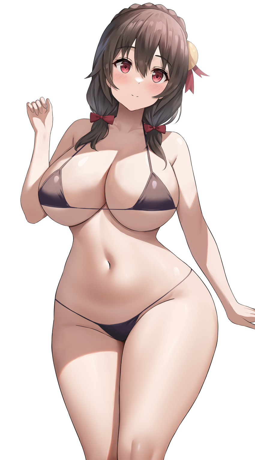 1girl absurdres alternate_costume bangs bikini black_bikini black_hair blush bow breasts cleavage closed_mouth hair_bow hair_ornament hand_up highres jasony kono_subarashii_sekai_ni_shukufuku_wo! large_breasts looking_at_viewer medium_hair navel red_bow red_eyes sideboob smile solo stomach swimsuit thighs underboob white_background wide_hips yunyun_(konosuba)