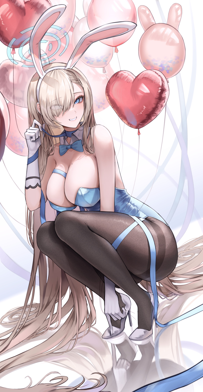 1girl absurdly_long_hair absurdres animal_ears asuna_(blue_archive) asuna_(bunny)_(blue_archive) balloon bangs bare_arms bare_shoulders black_pantyhose blue_archive blue_bow blue_bowtie blue_eyes blue_leotard blue_ribbon bow bowtie breasts cleavage collar detached_collar dutch_angle elbow_gloves eyes_visible_through_hair fake_animal_ears gloves grin hair_over_one_eye halo heart_balloon high_heels highres holding holding_ribbon large_breasts leotard light_brown_hair long_bangs long_hair looking_at_viewer mole mole_on_breast neck_ribbon official_alternate_costume pantyhose parted_lips playboy_bunny rabbit_ears reflection reflective_floor ribbon sidelocks smile solo squatting strapless strapless_leotard swept_bangs teeth thighband_pantyhose thighs very_long_hair white_background white_collar white_footwear white_gloves yoonsol