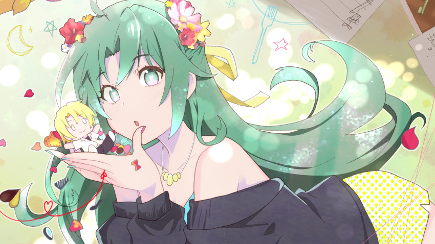 1girl ahoge ai_kotoba_iii_(vocaloid) black_sweater blush character_doll collarbone floating_hair green_eyes green_hair hair_intakes highres higurashi_no_naku_koro_ni houjou_satoshi jewelry long_hair miniskirt necklace off-shoulder_sweater off_shoulder open_mouth shiny shiny_hair skirt solo sonozaki_shion sweater tonogai_yoshiki very_long_hair yellow_skirt