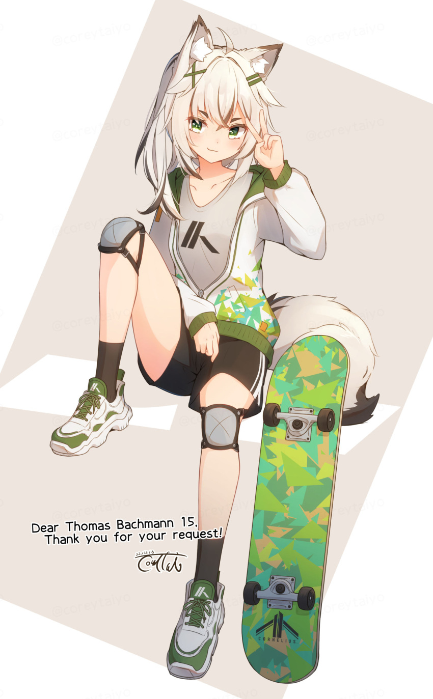 1girl ahoge animal_ear_fluff animal_ears bangs black_shorts black_socks blush breasts closed_mouth collarbone commentary_request coreytaiyo english_text full_body green_eyes grey_background grey_hair grey_shirt hair_between_eyes hair_ornament hairclip hand_up highres jacket knee_pads knee_up long_hair long_sleeves looking_at_viewer multicolored_hair open_clothes open_jacket original puffy_long_sleeves puffy_sleeves shirt shoes short_shorts shorts sitting skateboard sleeves_past_wrists small_breasts smile socks solo streaked_hair tail thank_you two-tone_background v white_background white_footwear white_hair white_jacket x_hair_ornament