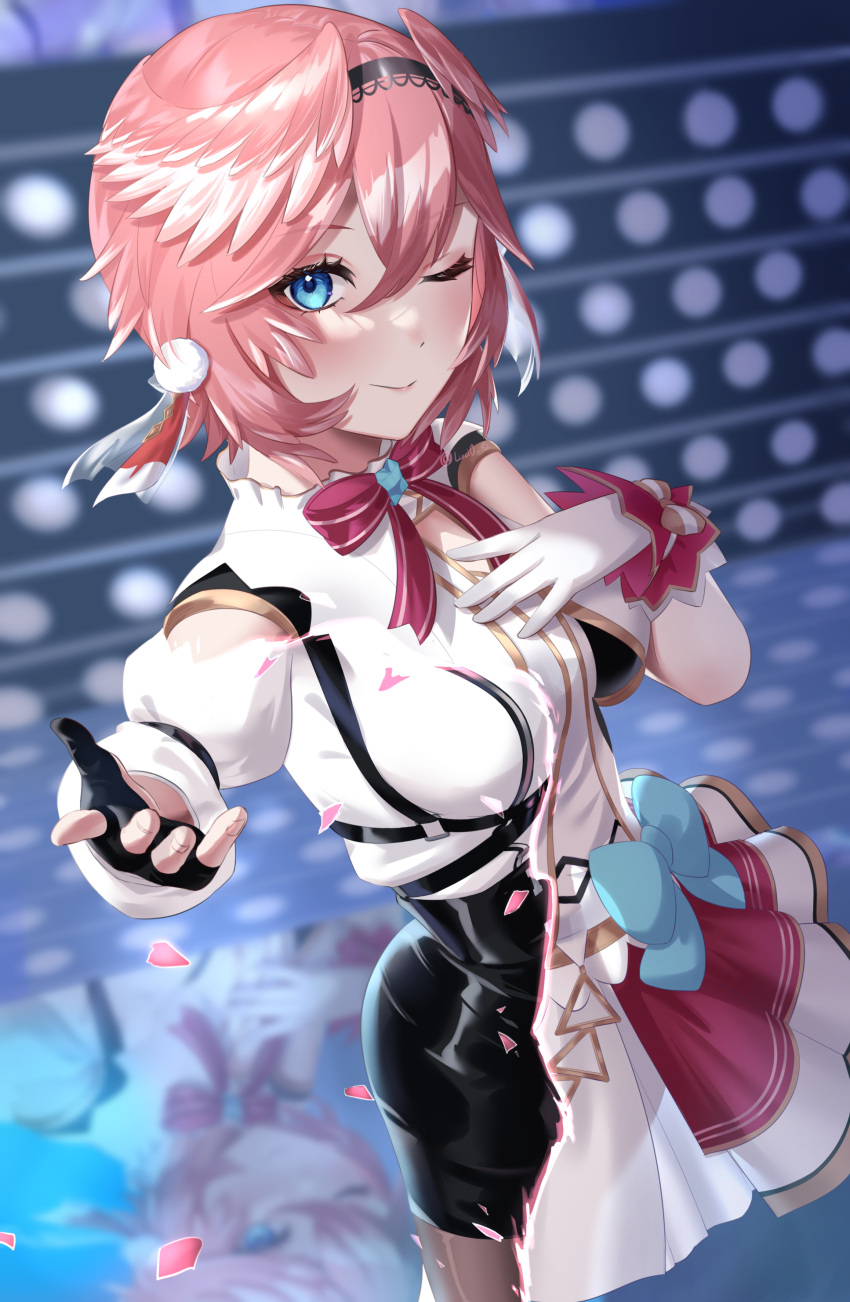 1girl absurdres blue_eyes dress dutch_angle gloves hair_between_eyes hairband hand_on_own_chest head_wings highres hololive hololive_idol_uniform looking_at_viewer lucy_(rusi-juren328) one_eye_closed outstretched_arm partially_fingerless_gloves pink_hair short_hair shorts smile solo takane_lui virtual_youtuber