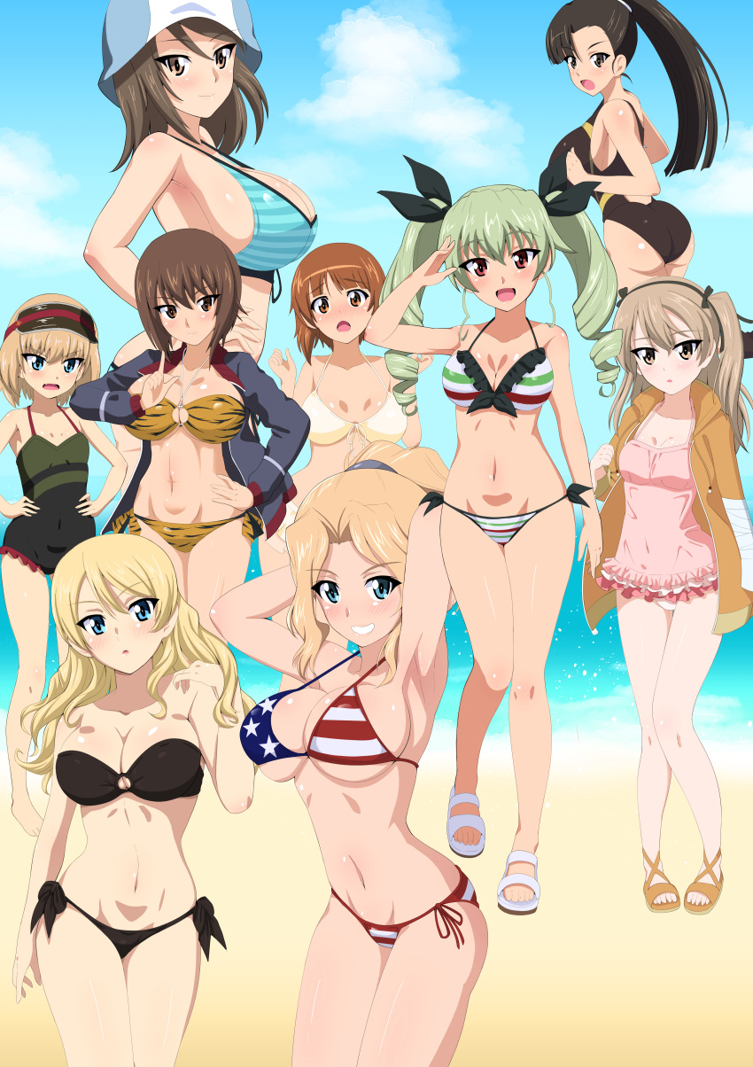 6+girls absurdres american_flag_bikini anchovy_(girls_und_panzer) animal_print armpits ass beach bikini black_bikini black_hair black_one-piece_swimsuit blonde_hair blue_eyes blue_stripes blush breasts brown_hair cleavage closed_mouth covered_navel darjeeling_(girls_und_panzer) drill_hair flag_print frilled_one-piece_swimsuit girls_und_panzer green_hair green_one-piece_swimsuit grin hair_ribbon hairband highres italian_flag_bikini jacket katyusha_(girls_und_panzer) kay_(girls_und_panzer) large_breasts long_hair looking_at_viewer medium_breasts medium_hair mika_(girls_und_panzer) multicolored_clothes multicolored_swimsuit multiple_girls navel nishi_kinuyo nishizumi_maho nishizumi_miho one-piece_swimsuit open_clothes open_jacket open_mouth outdoors pink_one-piece_swimsuit ponytail red_eyes ribbon shimada_arisu shiny shiny_hair shiny_skin short_hair side-tie_bikini_bottom small_breasts smile striped striped_bikini swimsuit tiger_print track_jacket twintails white_bikini yasuoextuuuuuu