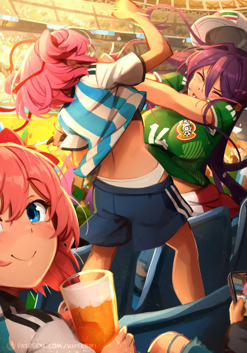 1other 3girls absurdres alcohol argentina arm_up arms_up back bangs baseball_cap beer black_sports_bra blue_eyes blue_shirt blue_shorts blush bow breasts cellphone closed_eyes closed_mouth clothes_lift commentary denim doki_doki_literature_club double_vertical_stripe english_commentary feet_out_of_frame fighting flat_chest floating_hair green_shirt hair_between_eyes hair_intakes hair_ornament hair_ribbon hat highres holding holding_phone jeans jersey khyle. large_breasts long_hair looking_at_viewer looking_back median_furrow medium_hair mexico midriff_peek motion_lines multiple_girls natsuki_(doki_doki_literature_club) open_mouth panties pants patreon_username phone pink_hair purple_hair red_bow red_ribbon red_shorts ribbon sayori_(doki_doki_literature_club) shirt shirt_lift short_sleeves shorts sitting smartphone smile soccer soccer_field soccer_uniform split_mouth sports_bra sportswear stadium standing straight_hair striped striped_shirt teeth torn_clothes torn_jeans torn_pants twintails underwear upper_body v-shaped_eyebrows very_long_hair web_address white_panties white_shirt yuri_(doki_doki_literature_club)