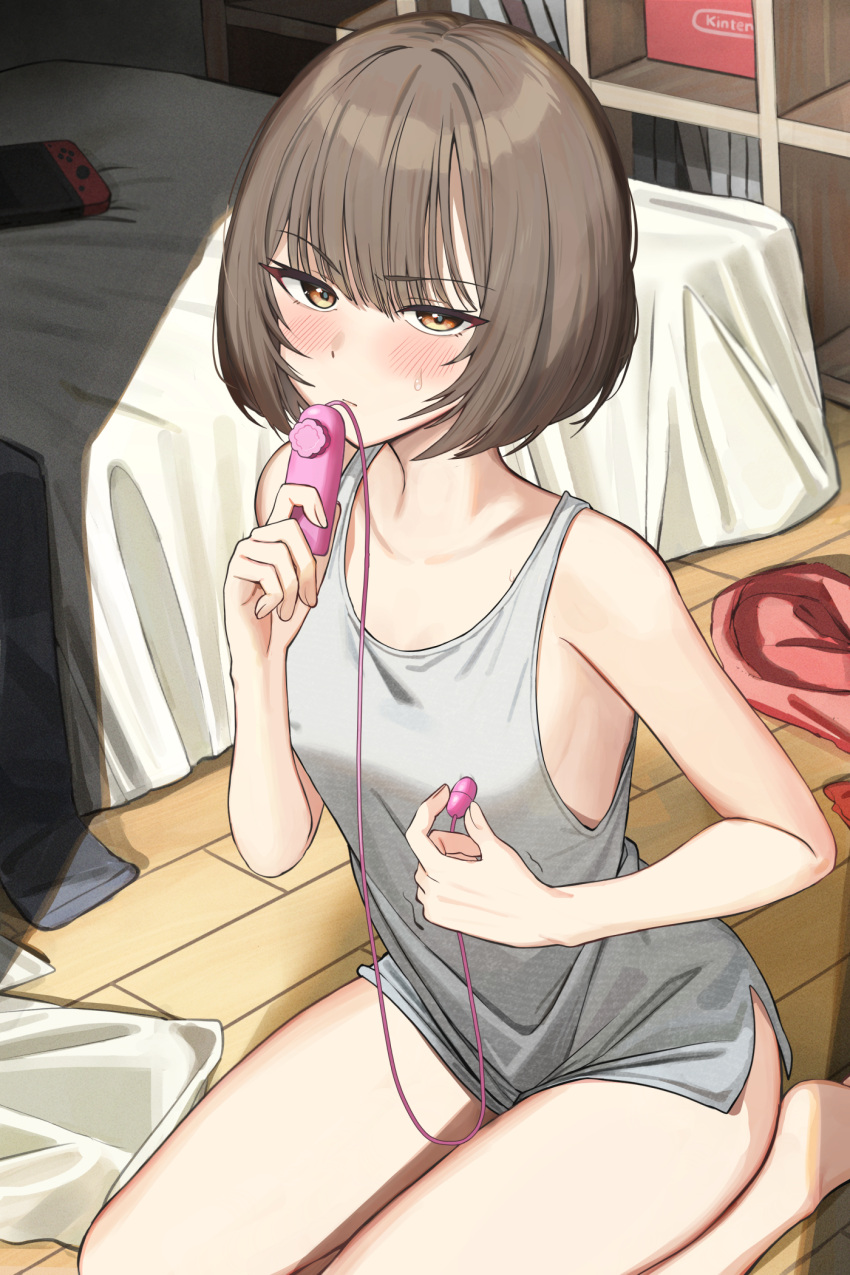 1girl bangs bare_shoulders blush breasts brown_eyes brown_hair commission covered_nipples egg_vibrator highres holding indoors looking_at_viewer no_bra no_panties original sex_toy shirt short_hair sitting sleeveless small_breasts solo twin_(tt_lsh) vibrator vibrator_cord vibrator_on_nipple wariza