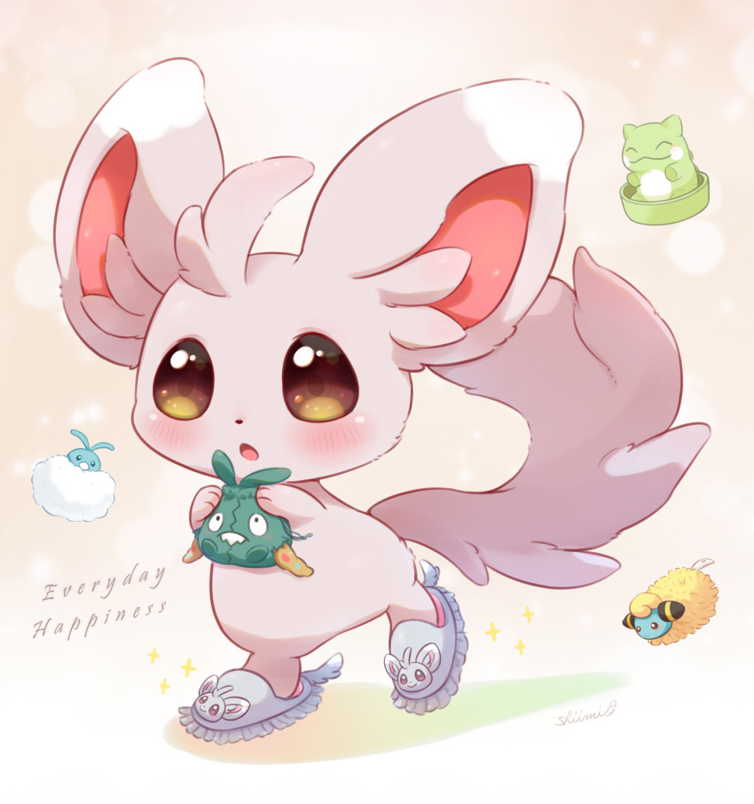 :o absurdres blush brown_eyes commentary_request grey_footwear highres holding mareep minccino no_humans pokemon pokemon_(creature) shii_(no-va_could) signature slippers solo sparkle standing substitute_(pokemon) swablu trubbish