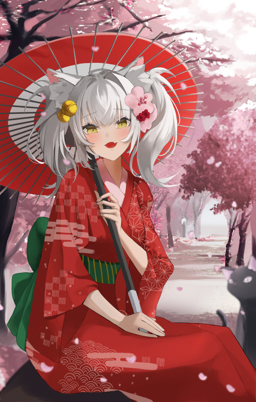 1girl absurdres animal_ear_fluff animal_ears bangs bell black_cat bow breasts cat cat_ears cat_girl cherry_blossoms commentary fang flower green_bow green_sash grey_hair hair_bell hair_flower hair_ornament haku_(liiixixixiii) highres holding holding_umbrella japanese_clothes jingle_bell kimono long_sleeves looking_at_viewer medium_hair oil-paper_umbrella open_mouth original outdoors petals pink_flower red_kimono sash sitting skin_fang small_breasts smile solo symbol-only_commentary tree twintails umbrella waist_bow wide_sleeves yellow_eyes