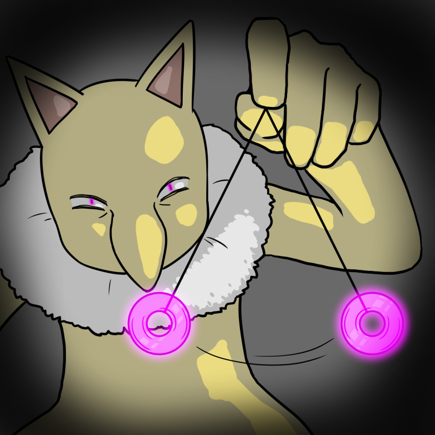 1boy afterimage animal_ears arm_up big_nose body_fur fur_collar furry furry_male glowing glowing_eyes grey_background half-closed_eyes highres holding holding_pendulum hypno hypnosis hypnosis_(pokemon) looking_at_viewer male_focus mind_control motion_lines muu_(mumumer) pendulum pink_eyes pokemon pokemon_(creature) pokemon_move simple_background solo standing straight-on two-tone_fur upper_body white_fur yellow_fur