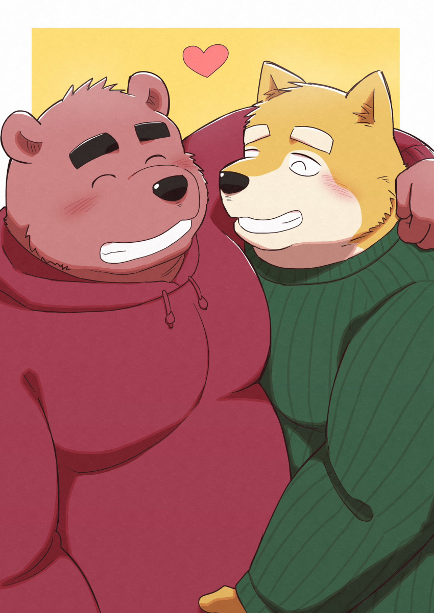 &lt;3 2022 anthro belly black_nose canid canine canis clothing domestic_dog duo embrace eyes_closed hi_res hoodie hug kemono kick_(artist) male male/male mammal overweight overweight_male sweater topwear ursid