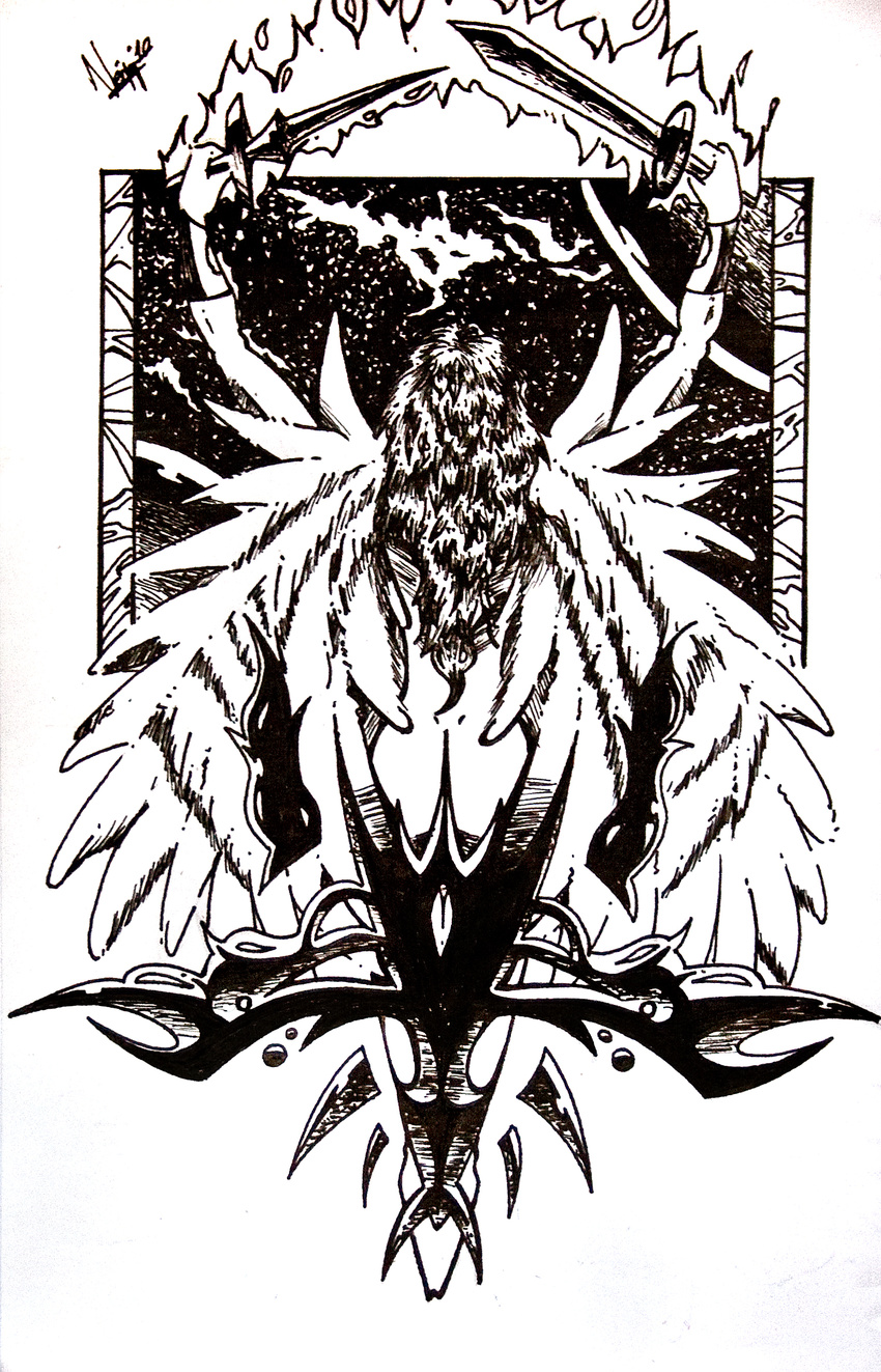 angel art_nouveau from_behind gigazemus inked monochrome space sword traditional_art