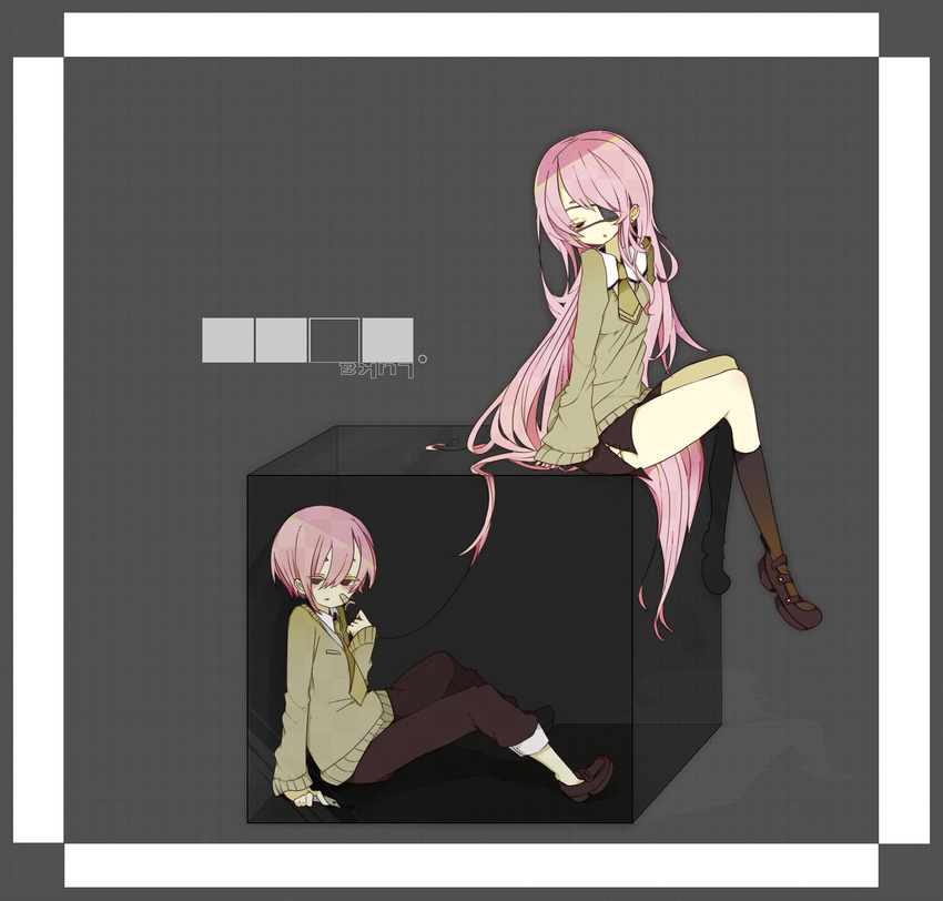 1girl bad_id bad_pixiv_id bandages cube dual_persona eyepatch genderswap genderswap_(ftm) highres long_hair megurine_luka megurine_luki necktie pink_hair purintowswsp school_uniform short_hair skirt socks sweater vocaloid