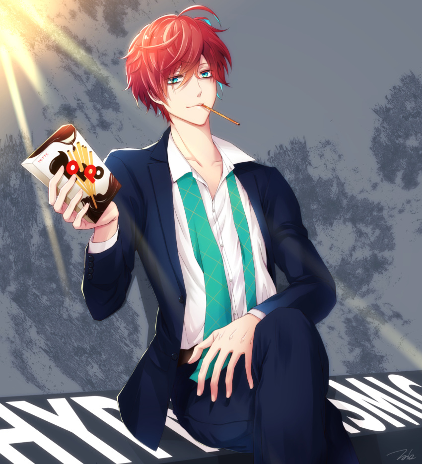 1boy blue_eyes food formal hypnosis_mic kannonzaka_doppo multicolored_hair pocky red_hair sitting smile suit tie