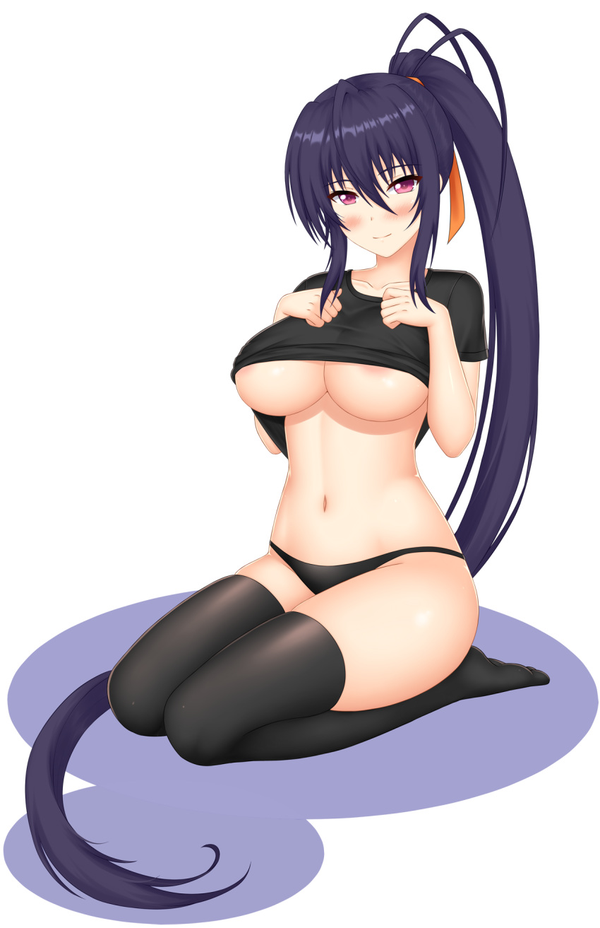 1girl areola_slip areolae black_hair black_legwear black_panties black_shirt blush breasts eyebrows_visible_through_hair hair_ribbon high_school_dxd highres himejima_akeno keshigomu kneeling large_breasts long_hair long_ponytail navel panties ponytail purple_eyes ribbon shirt shirt_lift smile solo thighhighs underboob underwear very_long_hair white_background