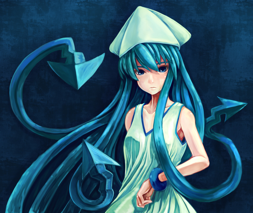 blue_eyes blue_hair dress hat highres hirohiran ikamusume long_hair shinryaku!_ikamusume solo tentacle_hair