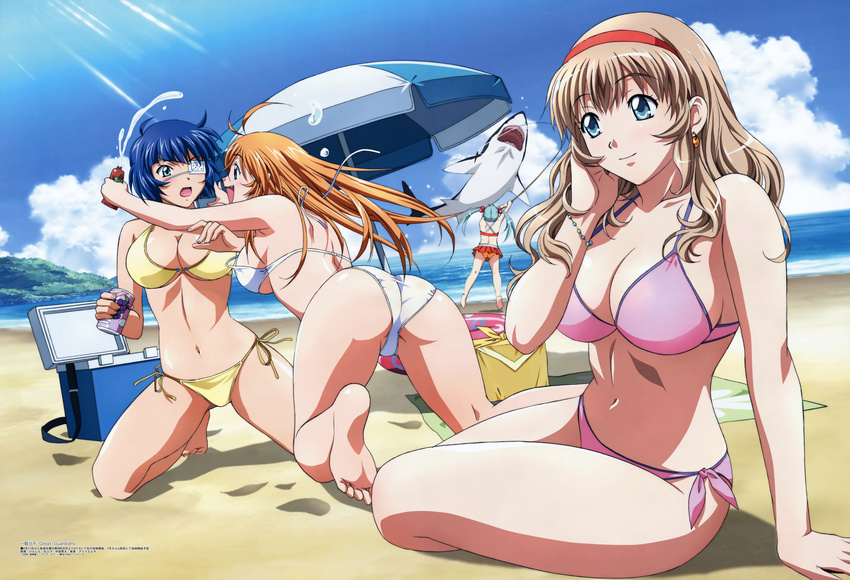 4girls absurdres ass beach bikini blush breasts highres ikkitousen legs long_hair multiple_girls rin-sin scan short_hair smile sonken_chuubou sonsaku_hakufu swimsuit thighs