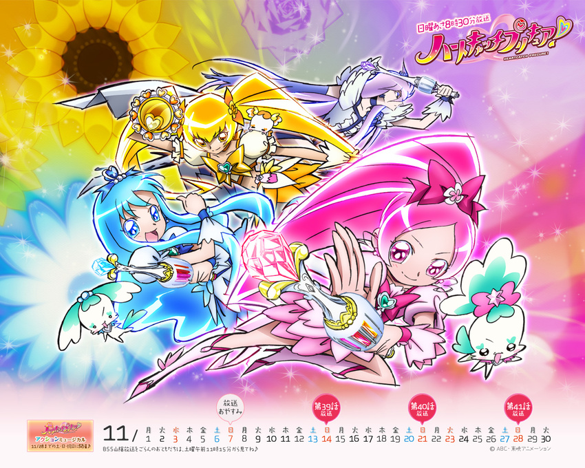 black_choker blonde_hair blue_hair boots bow calendar_(medium) choker chypre_(heartcatch_precure!) coffret_(heartcatch_precure!) cure_blossom cure_marine cure_moonlight cure_sunshine elbow_gloves flower_tact gloves hanasaki_tsubomi heartcatch_precure! instrument knee_boots kurumi_erika long_hair magical_girl multiple_girls myoudouin_itsuki november official_art pink_bow pink_hair ponytail potpourri_(heartcatch_precure!) precure purple_hair shiny_tambourine single_elbow_glove single_glove tambourine tsukikage_yuri twintails umakoshi_yoshihiko wallpaper wand