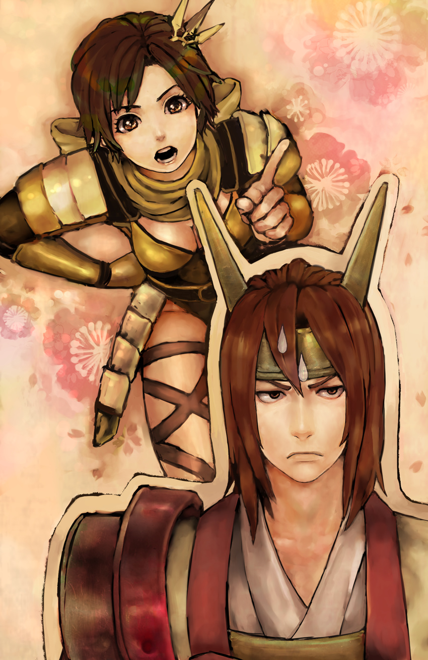 1boy 1girl armor brown_eyes brown_hair female hair_ornament highres ishida_mitsunari japanese_clothes leotard male nene ninja open_mouth orange_eyes orange_hair sengoku_musou sengoku_musou_3 short_hair shoulder_pads tiara yuji_maken