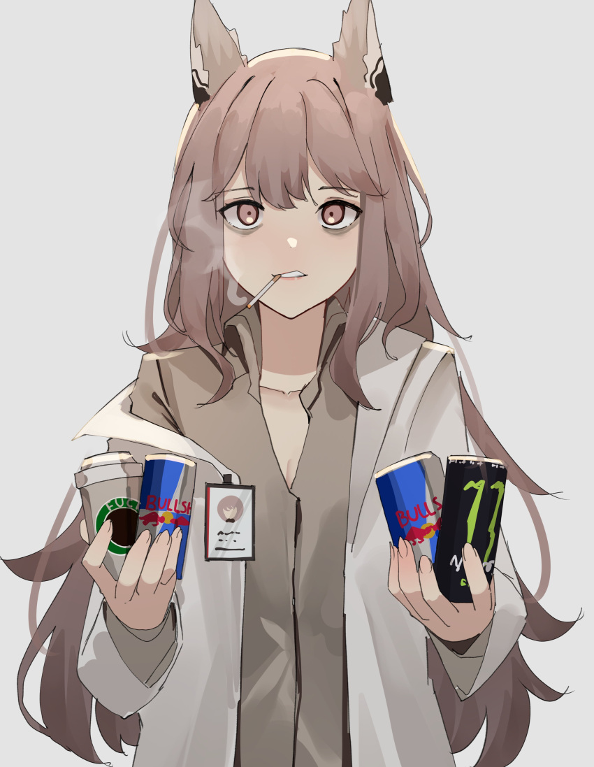 1girl absurdres animal_ears bags_under_eyes brand_name_imitation brown_eyes brown_hair brown_shirt cat_ears cigarette coffee_cup cup disposable_cup drink energy_drink gar32 girls'_frontline highres holding holding_drink id_card jacket long_sleeves monster_energy persica_(girls'_frontline) product_placement red_bull shirt smoking solo starbucks white_background white_jacket
