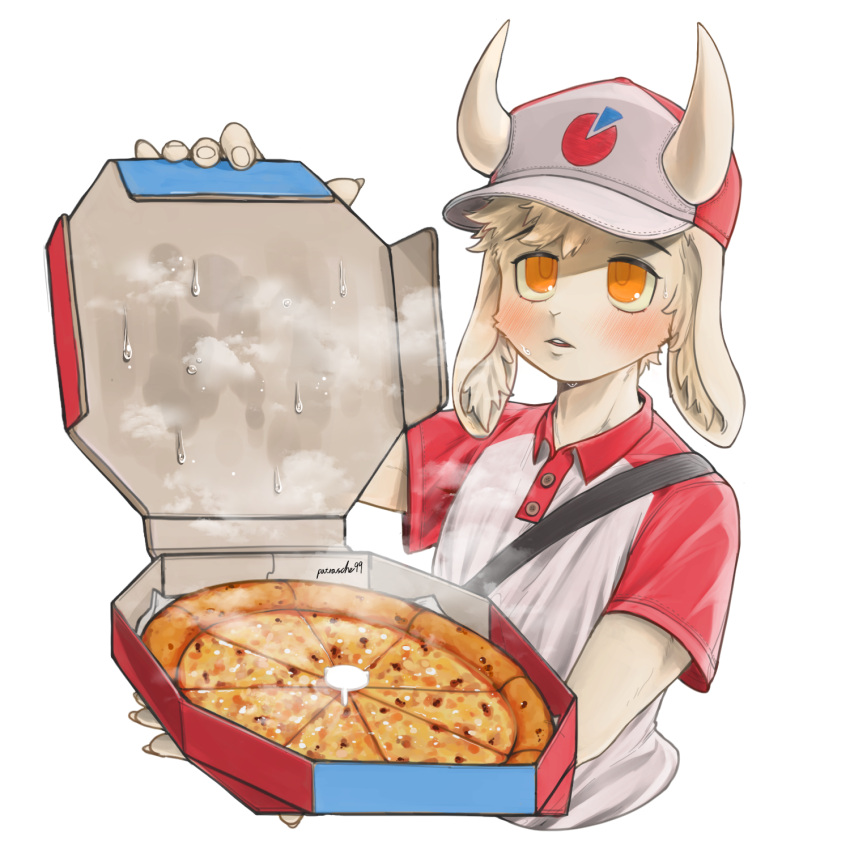 anthro blush bodily_fluids bovid caprine clothed clothing delivery_(commerce) delivery_employee domestic_goat fluffy_ears food food_delivery fur goat hi_res horn male mammal orange_eyes patrasche99 pizza pizza_box pizza_delivery polo_shirt shirt solo steam sweat topwear uniform white_body white_fur