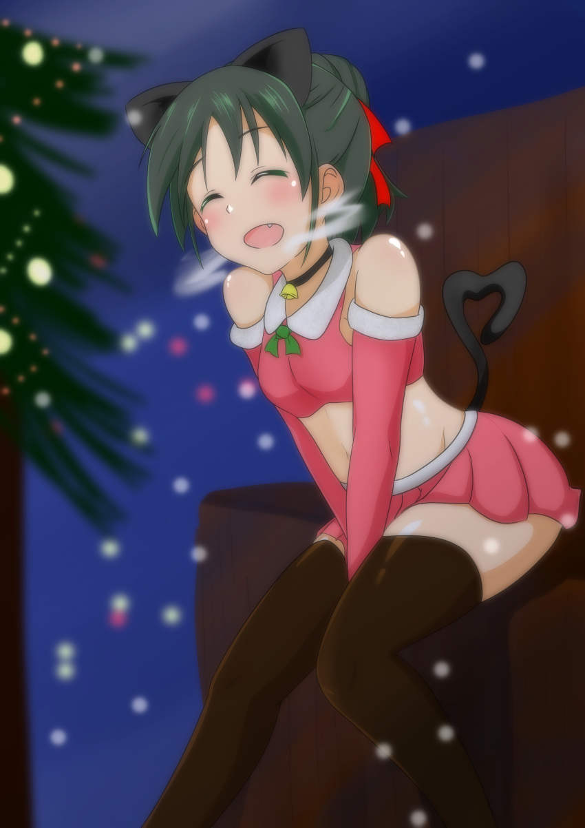 1girl absurdres alternate_hairstyle animal_ears bangs bell black_choker black_hair black_thighhighs breath cat_ears cat_tail choker christmas_tree closed_eyes commentary crop_top dress elbow_gloves facing_viewer fang francesca_lucchini gloves green_eyes green_ribbon hair_bun hair_ribbon hair_up heart heart_tail highres leaning_forward microdress midriff navel neck_bell neck_ribbon night open_mouth outdoors pleated_skirt red_gloves red_ribbon red_shirt red_skirt ribbon santa_costume santa_gloves shirt sitting skirt sleeveless sleeveless_shirt smile snowing solo strike_witches tail thighhighs v_arms wanwan_0301 world_witches_series