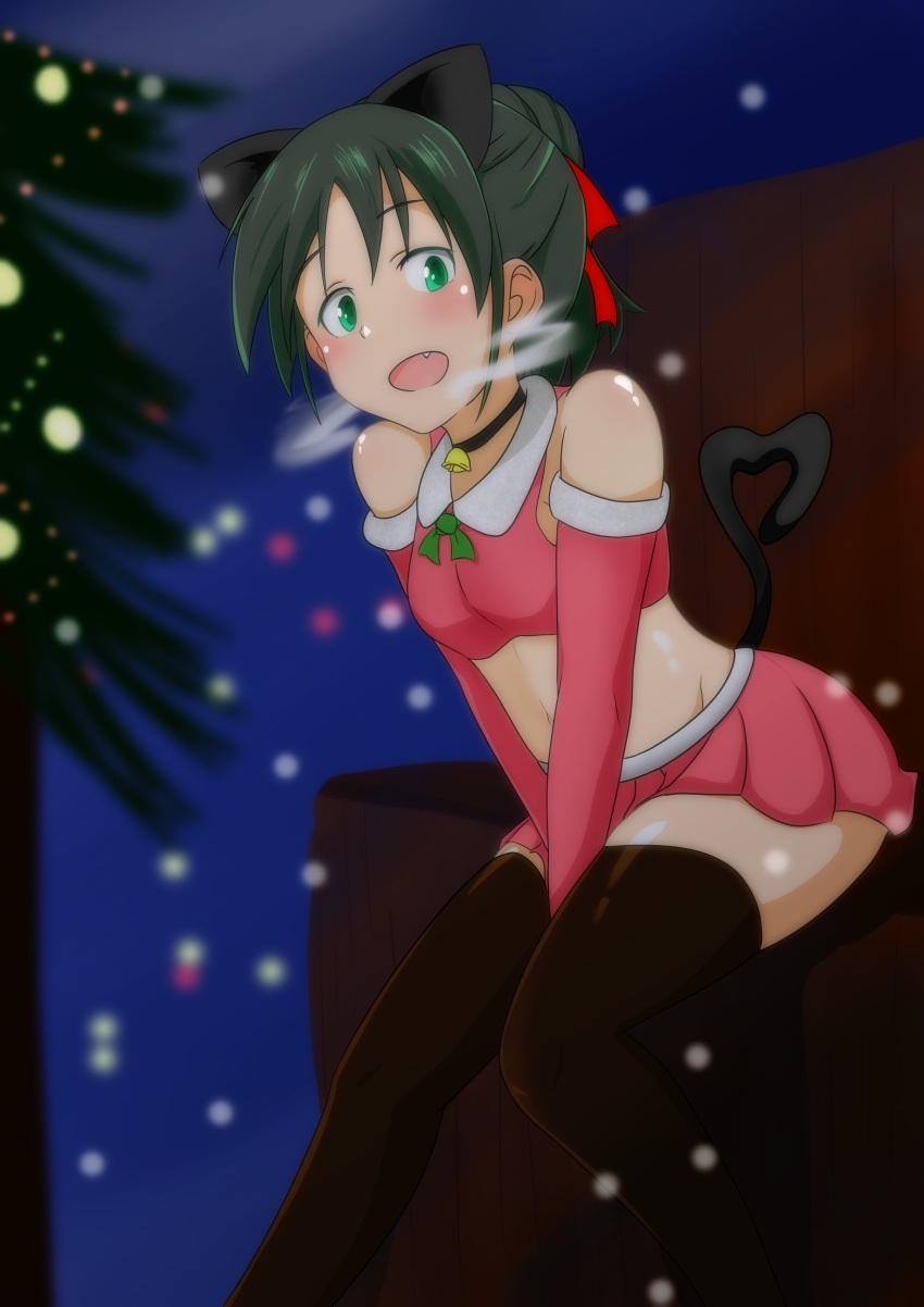 1girl absurdres alternate_hairstyle animal_ears bangs bell black_choker black_hair black_thighhighs breath cat_ears cat_tail choker christmas_tree commentary crop_top dress elbow_gloves fang francesca_lucchini gloves green_eyes green_ribbon hair_bun hair_ribbon hair_up heart heart_tail highres leaning_forward looking_at_viewer microdress midriff navel neck_bell neck_ribbon night open_mouth outdoors pleated_skirt red_gloves red_ribbon red_shirt red_skirt ribbon santa_costume santa_gloves shirt sitting skirt sleeveless sleeveless_shirt smile snowing solo strike_witches tail thighhighs v_arms wanwan_0301 world_witches_series