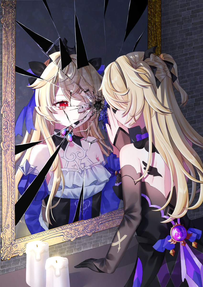 1girl absurdres bangs bare_shoulders bat_ornament blonde_hair bow bowtie breasts broken_mirror candle collar commentary dress eyepatch fischl_(ein_immernachtstraum)_(genshin_impact) fischl_(genshin_impact) genshin_impact gloves hair_over_one_eye hair_ribbon highres long_hair medium_breasts mirror mochi_mochi052 purple_bow purple_bowtie purple_ribbon red_eyes reflection ribbon solo two_side_up vision_(genshin_impact)