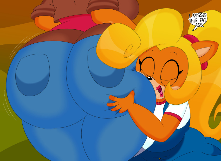 2022 3barts 4k abstract_background absurd_res accessory activision anthro bandicoot big_breasts big_butt blonde_hair bottomwear bouncing_butt breasts bubble_butt butt butt_focus butt_grab butt_hug butt_jiggle butt_squish clothing coco_bandicoot crash_bandicoot_(series) curvaceous curvy_figure denim denim_clothing dialogue digital_drawing_(artwork) digital_media_(artwork) duo english_text eyelashes eyes_closed female female/female fur hair hair_accessory hair_tie hand_on_butt hi_res hourglass_figure huge_butt jacket jeans jiggling long_hair mammal marsupial motion_lines multicolored_body multicolored_fur open_mouth orange_body orange_fur overalls pants pirate_tawna ponytail rear_view simple_background small_waist squish tan_body tan_fur text thick_thighs tongue topwear two_tone_body two_tone_fur video_games voluptuous wide_hips