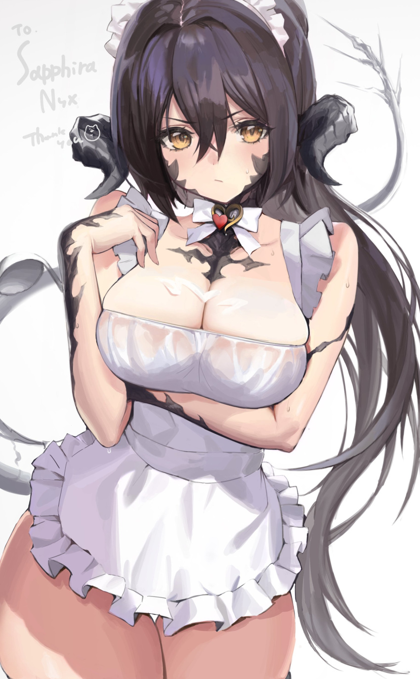 1girl :/ absurdres apron arm_under_breasts au_ra avatar_(ff14) bangs bare_arms black_tail bow bowtie breast_hold breasts brown_eyes brown_hair cleavage commission cowboy_shot cyobiro dragon_horns dragon_tail dress final_fantasy final_fantasy_xiv food_on_body food_on_breasts frilled_apron frilled_hairband frills hair_between_eyes hair_intakes hairband hand_up heart highres horns large_breasts long_hair looking_at_viewer low_neckline maid maid_headdress ponytail sapphira_nyx scales second-party_source sidelocks simple_background skeb_commission sleeveless sleeveless_dress solo standing sweatdrop tail v-shaped_eyebrows waist_apron white_apron white_background white_bow white_bowtie white_dress