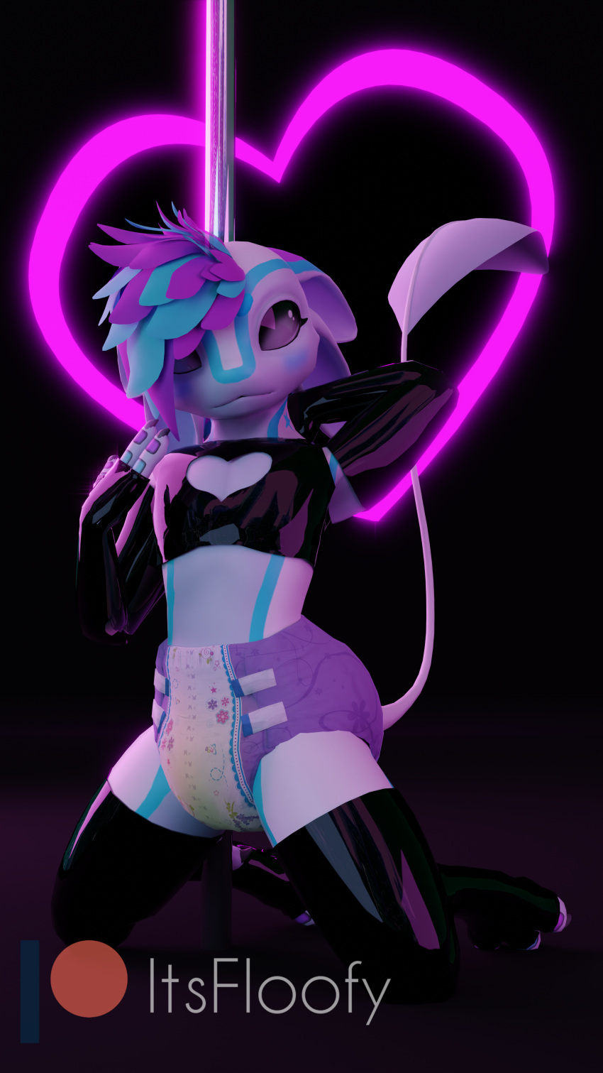 3d_(artwork) absurd_res anthro armwear avali avian blender_(software) bodily_fluids clothing crop_top diaper diaper_fetish digital_media_(artwork) genital_fluids gloves handwear hi_res infantilism itsfloofy kneeling latex latex_clothing latex_gloves latex_stockings legwear male neon_lights pole shirt solo stripper stripper_pole thigh_highs topwear urine watersports wet_diaper wetting wetting_diaper