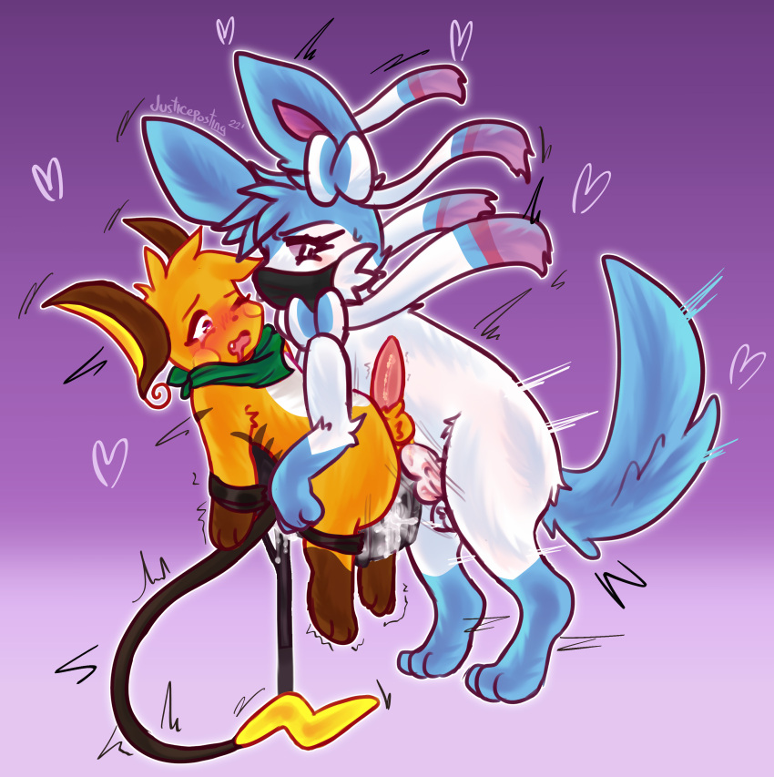 &lt;3 absurd_res anal anal_penetration balls black_mask blue_ears blue_hair blue_paws blue_tail blush blush_lines brown_ears brown_paws duo eeveelution female_(lore) feral fleur_the_sylveon fur generation_1_pokemon generation_6_pokemon genitals gradient_background green_kerchief green_neckerchief hair hi_res justiceposting kerchief looking_back male neckerchief nintendo one_eye_closed orange_balls orange_body orange_fur penetration penis pink_penis pokemon pokemon_(species) purple_inner_ear purple_sclera raichu simple_background sylveon video_games white_balls white_body white_eyes white_fur zarro_(zarro_the_raichu)