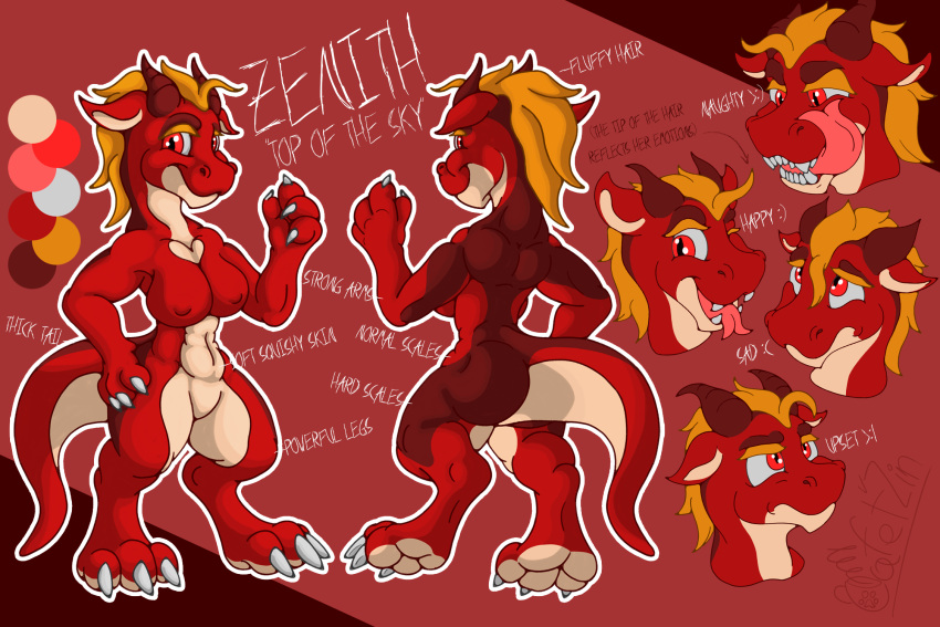 anthro big_breasts big_tail breasts cafet'zin_(artist) dragon featureless_crotch female gynomorph hair hi_res horn intersex model_sheet muscular muscular_anthro muscular_female orange_hair red_body red_scales scales shaded simple_background simple_shading solo zenith_(zaxalightning)