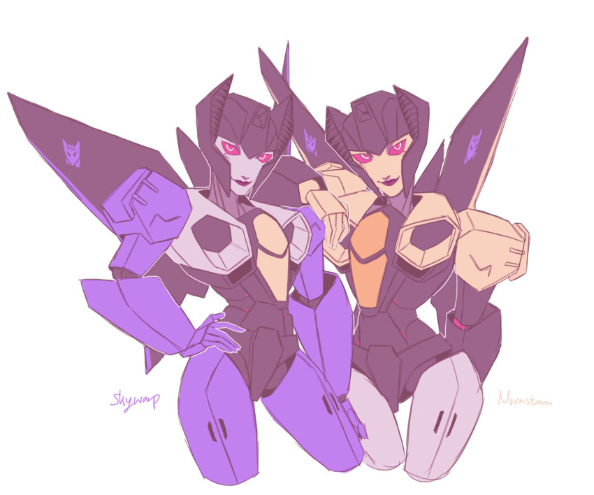 2girls cowboy_shot decepticon frozenmayo hand_on_another's_shoulder hand_on_hip highres looking_at_viewer mecha mechanical_wings multiple_girls novastorm pink_eyes purple_lips robot simple_background skywarp smile transformers transformers:_earth_spark white_background wings