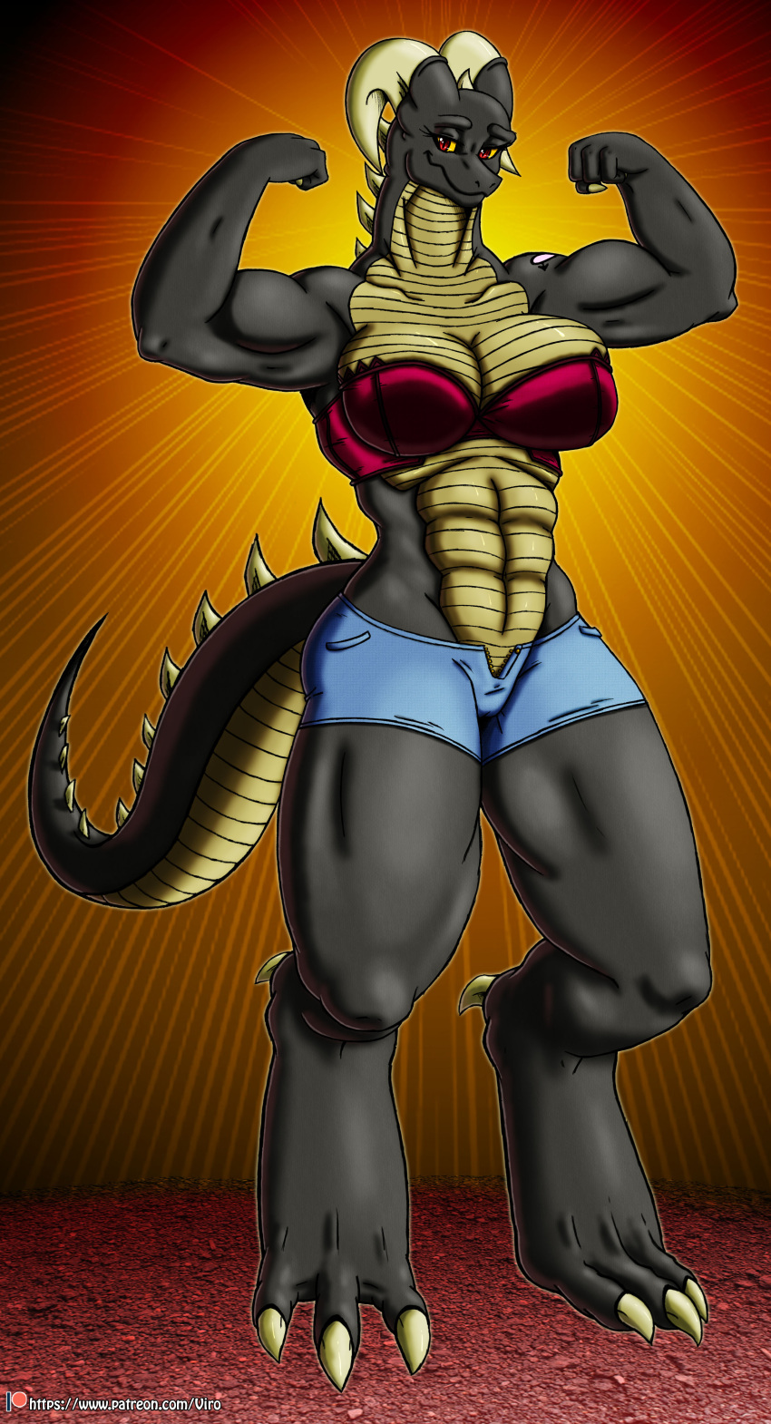 2018 abs absurd_res anthro arm_tattoo biceps big_breasts bottomwear breasts clothing dark_grey_body dark_grey_scales digital_media_(artwork) dragon female flexing flexing_bicep flexing_both_biceps heart_tattoo hi_res horn hotpants if_hell_had_a_taste mars_fidchell multicolored_body multicolored_scales muscular muscular_anthro muscular_female non-mammal_breasts red_eyes scales shorts solo tattoo topwear two_tone_body two_tone_scales viroveteruscy yellow_body yellow_scales yellow_sclera