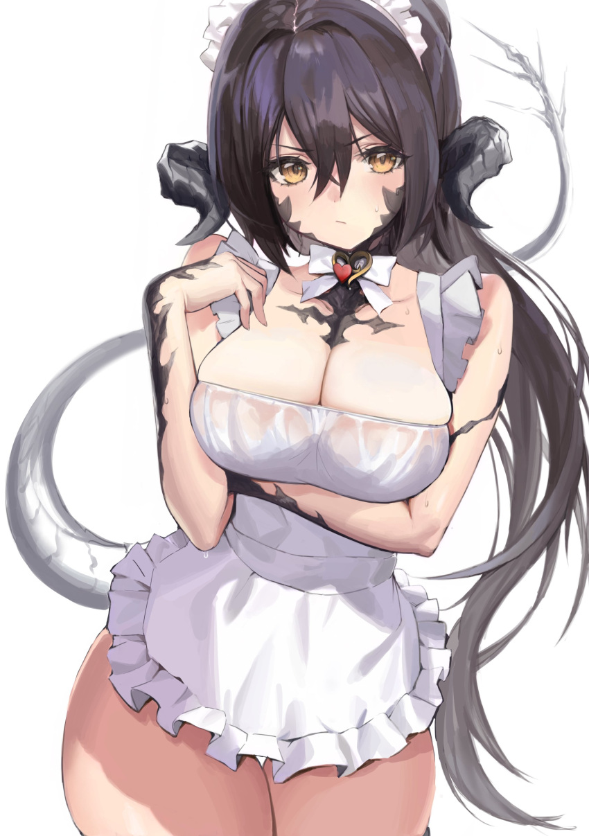 1girl :/ absurdres apron arm_under_breasts au_ra avatar_(ff14) bangs bare_arms black_tail bow bowtie breast_hold breasts brown_eyes brown_hair cleavage commission cowboy_shot cyobiro dragon_horns dragon_tail dress final_fantasy final_fantasy_xiv frilled_apron frilled_hairband frills hair_between_eyes hair_intakes hairband hand_up heart highres horns large_breasts long_hair looking_at_viewer low_neckline maid maid_headdress ponytail sapphira_nyx scales second-party_source sidelocks simple_background skeb_commission sleeveless sleeveless_dress solo standing sweatdrop tail v-shaped_eyebrows waist_apron white_apron white_background white_bow white_bowtie white_dress