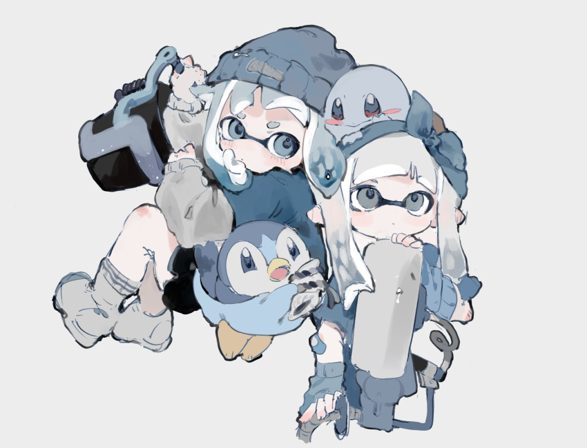 2girls bangs beanie blue_eyes blunt_bangs commentary_request full_body grey_background grey_eyes gun hat highres inkling inkling_girl jacket long_sleeves multiple_girls p_p_bbb piplup pokemon shoes sneakers splatoon_(series) squirtle tentacle_hair weapon white_hair