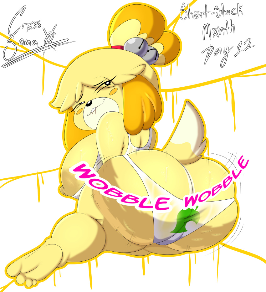 absurd_res animal_crossing anthro areola big_breasts big_butt bite biting_lip black_eyes blonde_hair bra breasts butt canid canine canis cellulite clothing cross_samax dipstick_tail domestic_dog english_text female hair hi_res huge_breasts huge_butt isabelle_(animal_crossing) looking_back mammal markings nintendo nipples onomatopoeia panties pupils shih_tzu solo sound_effects tail_markings text thick_thighs toy_dog underwear video_games white_pupils yellow_areola yellow_body yellow_nipples