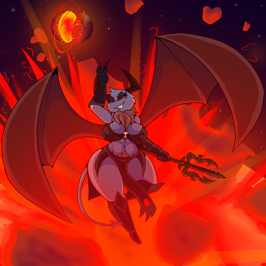 absurd_res amartia_the_imp_queen big_breasts boots bottomwear breasts chest_tuft clothing demon fan_character footwear fur grey_body grey_fur hi_res horn iguanasarecool imp loincloth melee_weapon planet planet_destruction polearm pubes smile space thick_thighs trident tuft weapon wide_hips wings